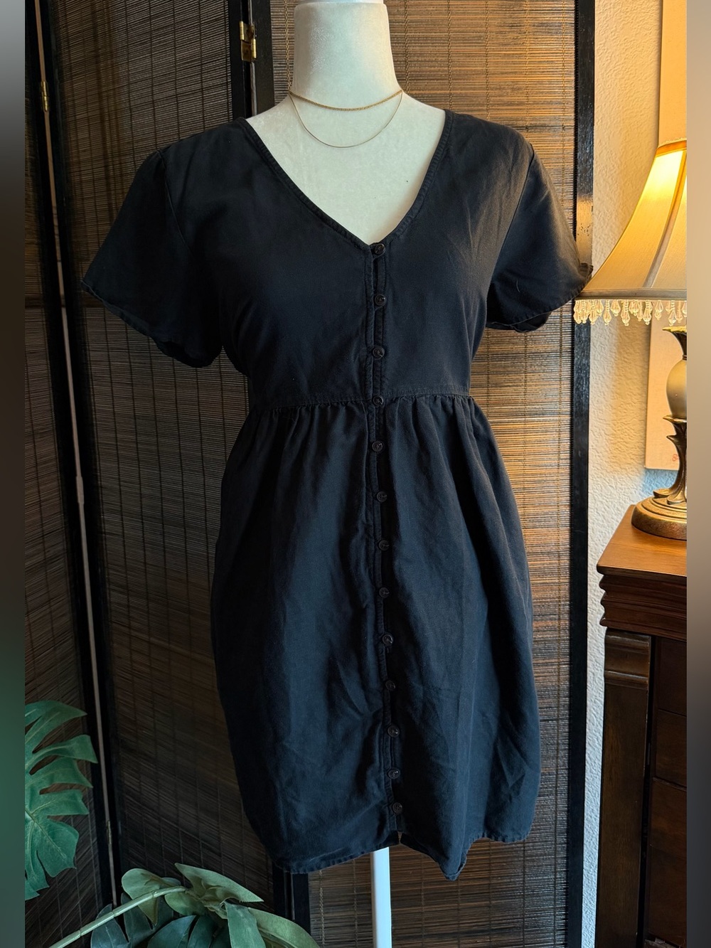 Madewell Black Linen Blend Button Front Dress Size M V Neck Short Sleeve
